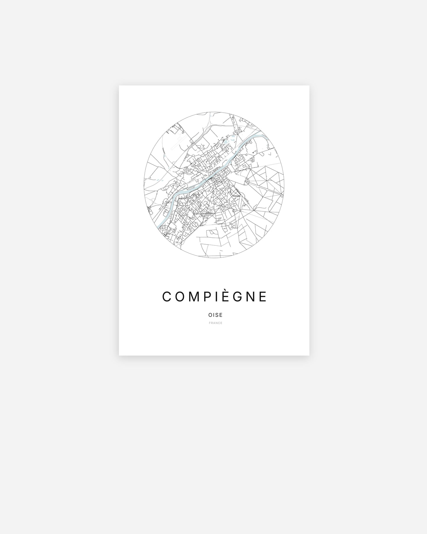 Affiche minimaliste de Compiègne représentant le plan de la ville en design épuré.