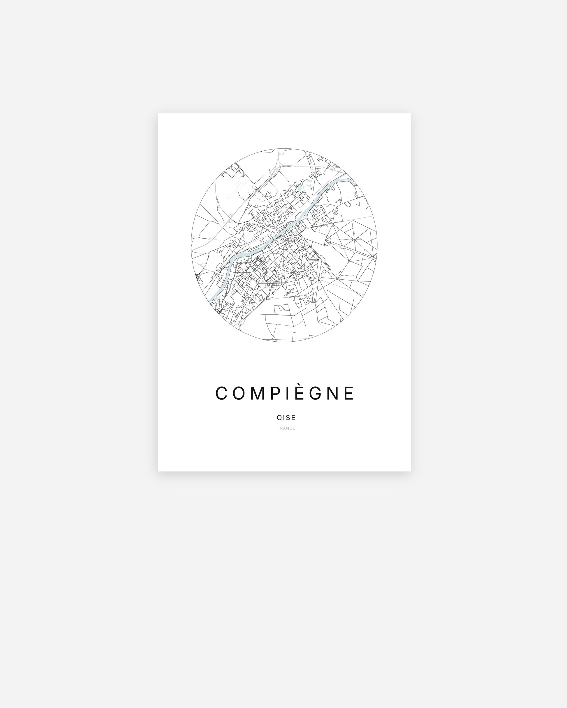 Affiche minimaliste de Compiègne représentant le plan de la ville en design épuré.