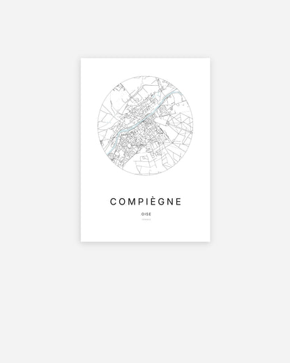 Affiche minimaliste de Compiègne représentant le plan de la ville en design épuré.