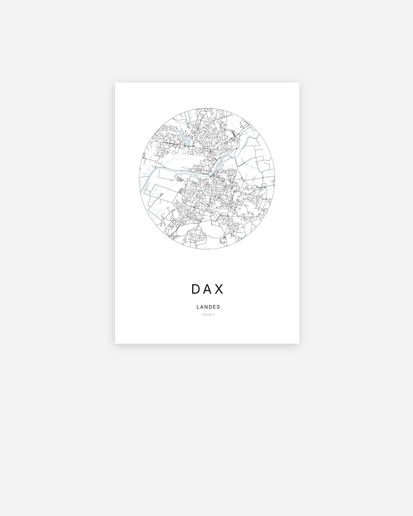 Affiche minimaliste de Dax représentant le plan de la ville en design épuré.