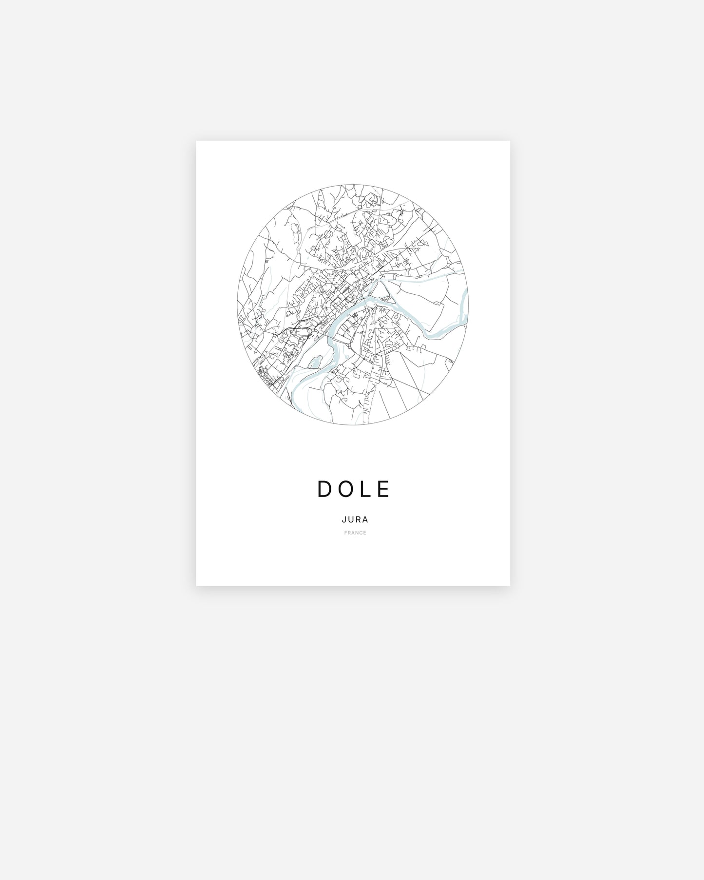 Affiche minimaliste de Dole représentant le plan de la ville en design épuré.
