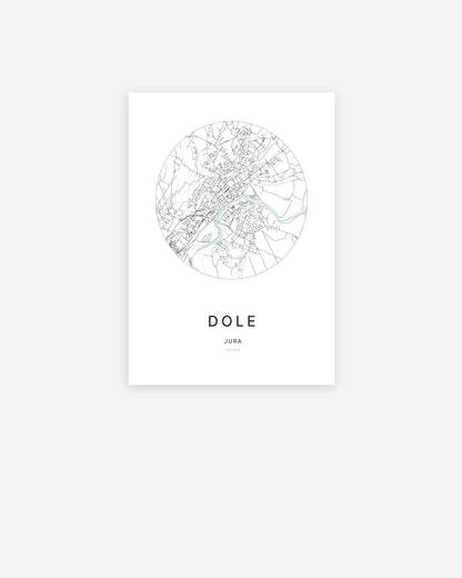 Affiche minimaliste de Dole représentant le plan de la ville en design épuré.