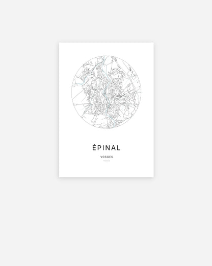 Affiche minimaliste d’Épinal représentant le plan de la ville en design épuré.
