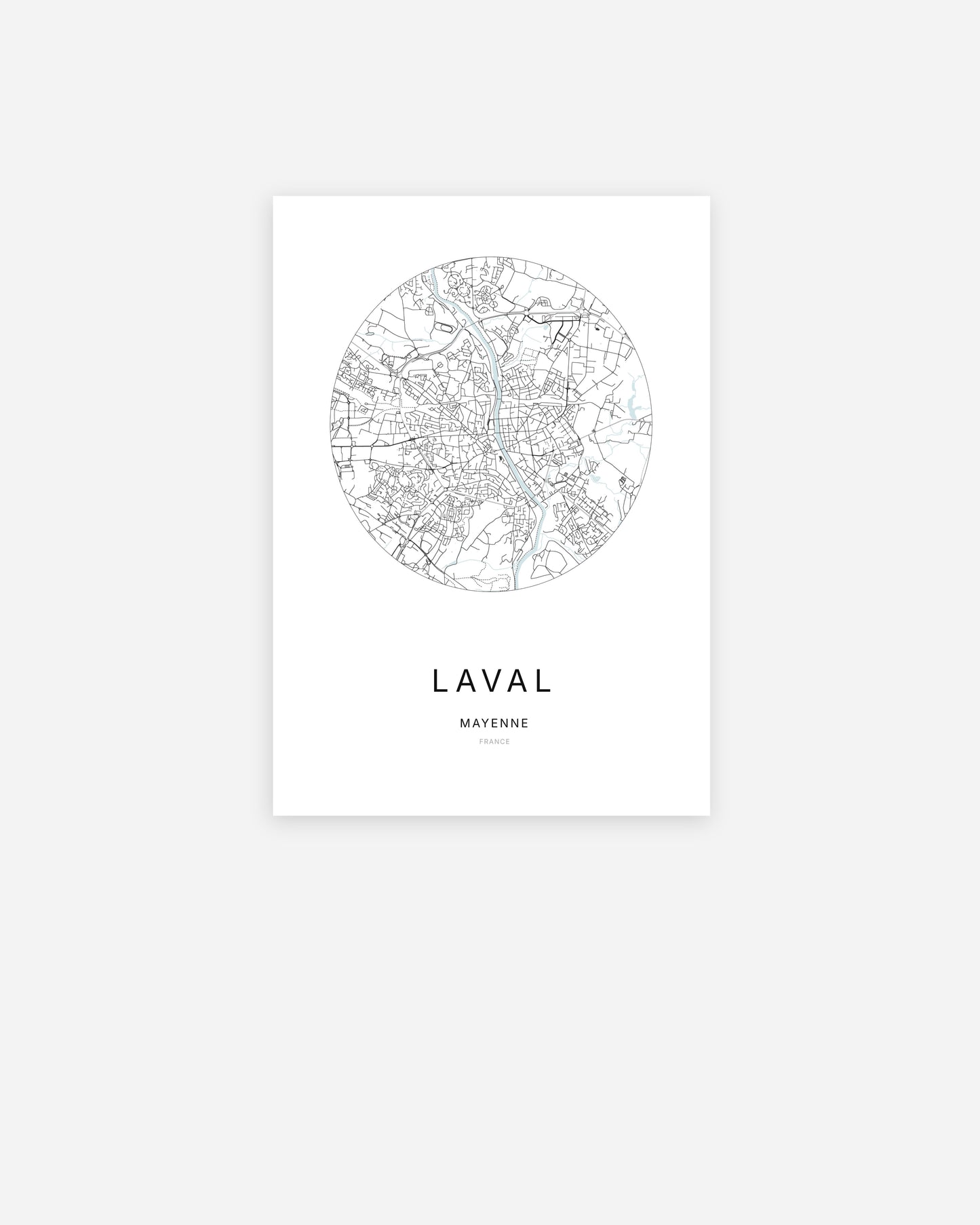 Affiche minimaliste de Laval représentant le plan de la ville en design épuré.