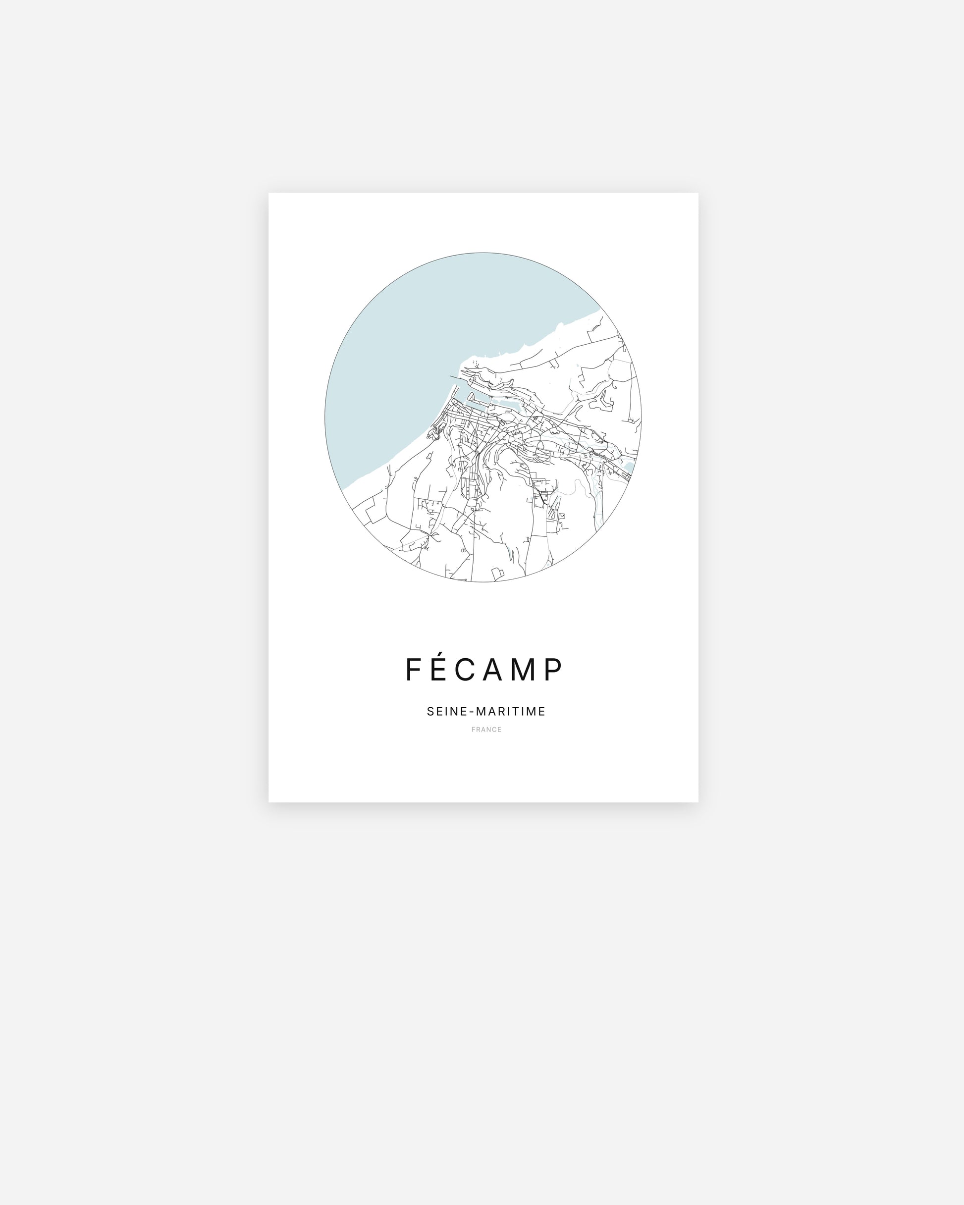 Affiche minimaliste de Fécamp représentant le plan de la ville en design épuré.