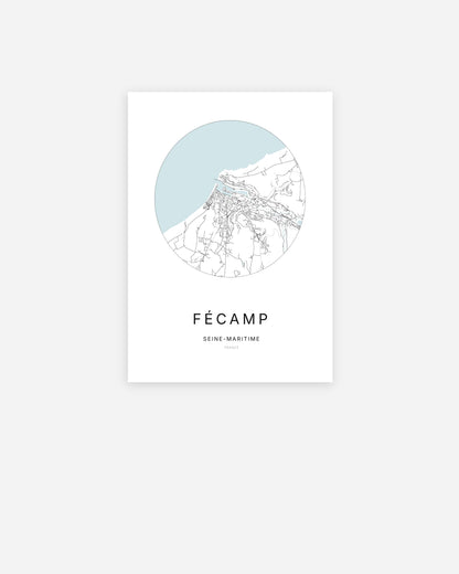 Affiche minimaliste de Fécamp représentant le plan de la ville en design épuré.