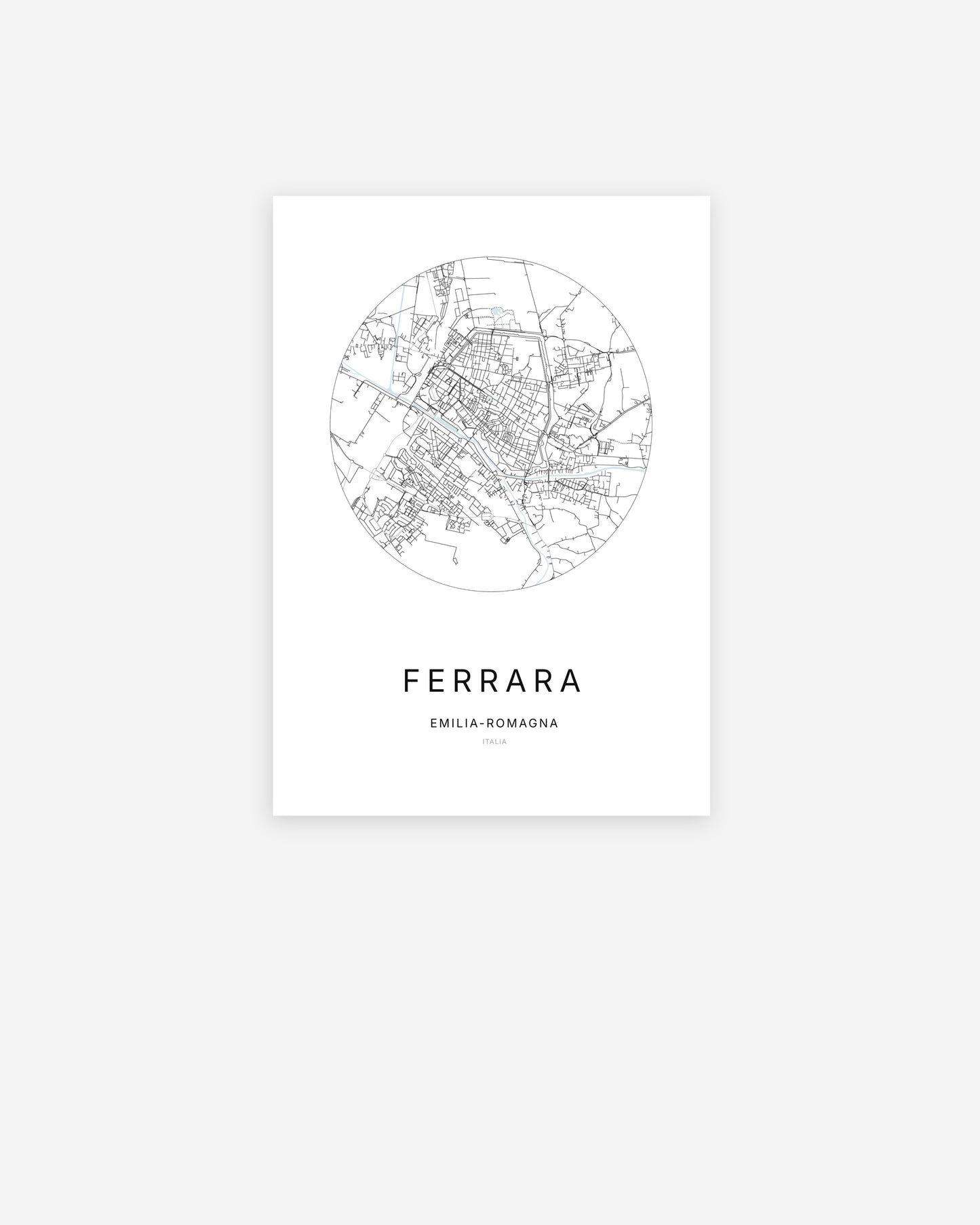Affiche minimaliste de Ferrara représentant le plan de la ville en design épuré.