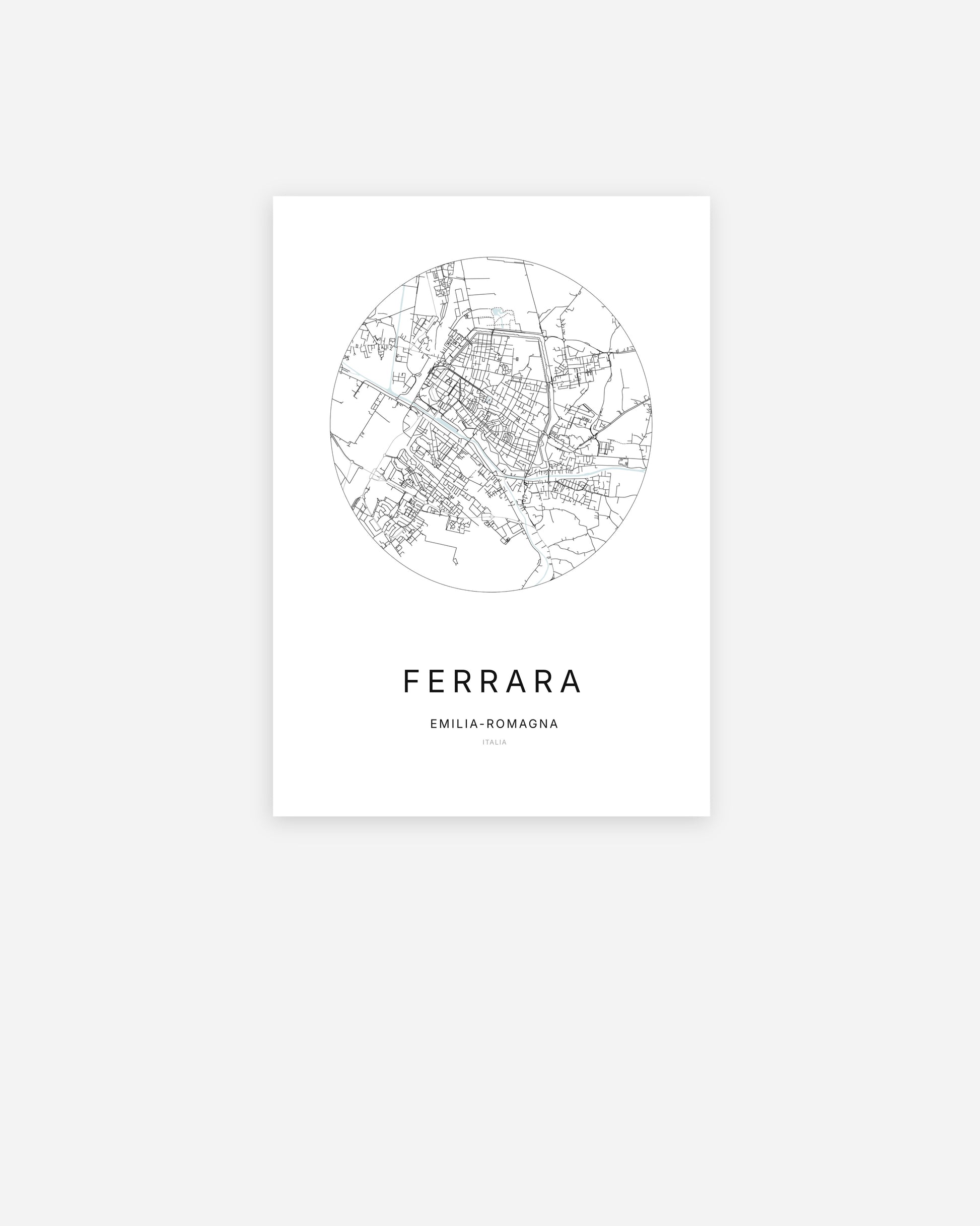 Affiche minimaliste de Ferrara représentant le plan de la ville en design épuré.