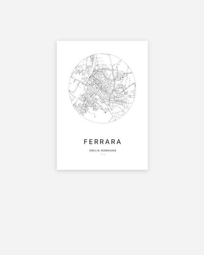 Affiche minimaliste de Ferrara représentant le plan de la ville en design épuré.
