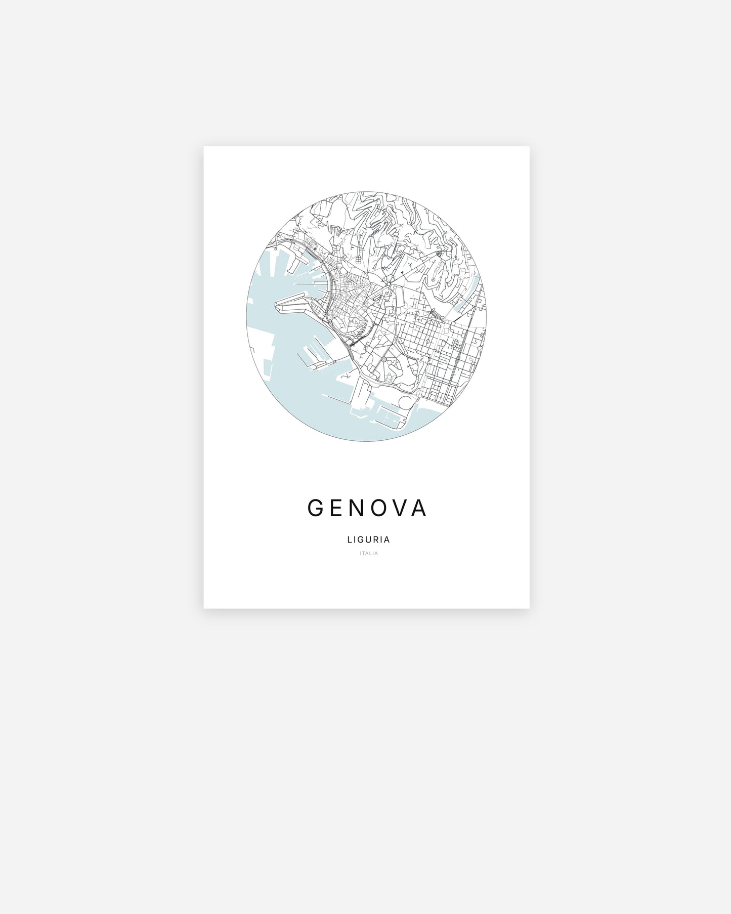 Affiche minimaliste de Genova représentant le plan de la ville en design épuré.