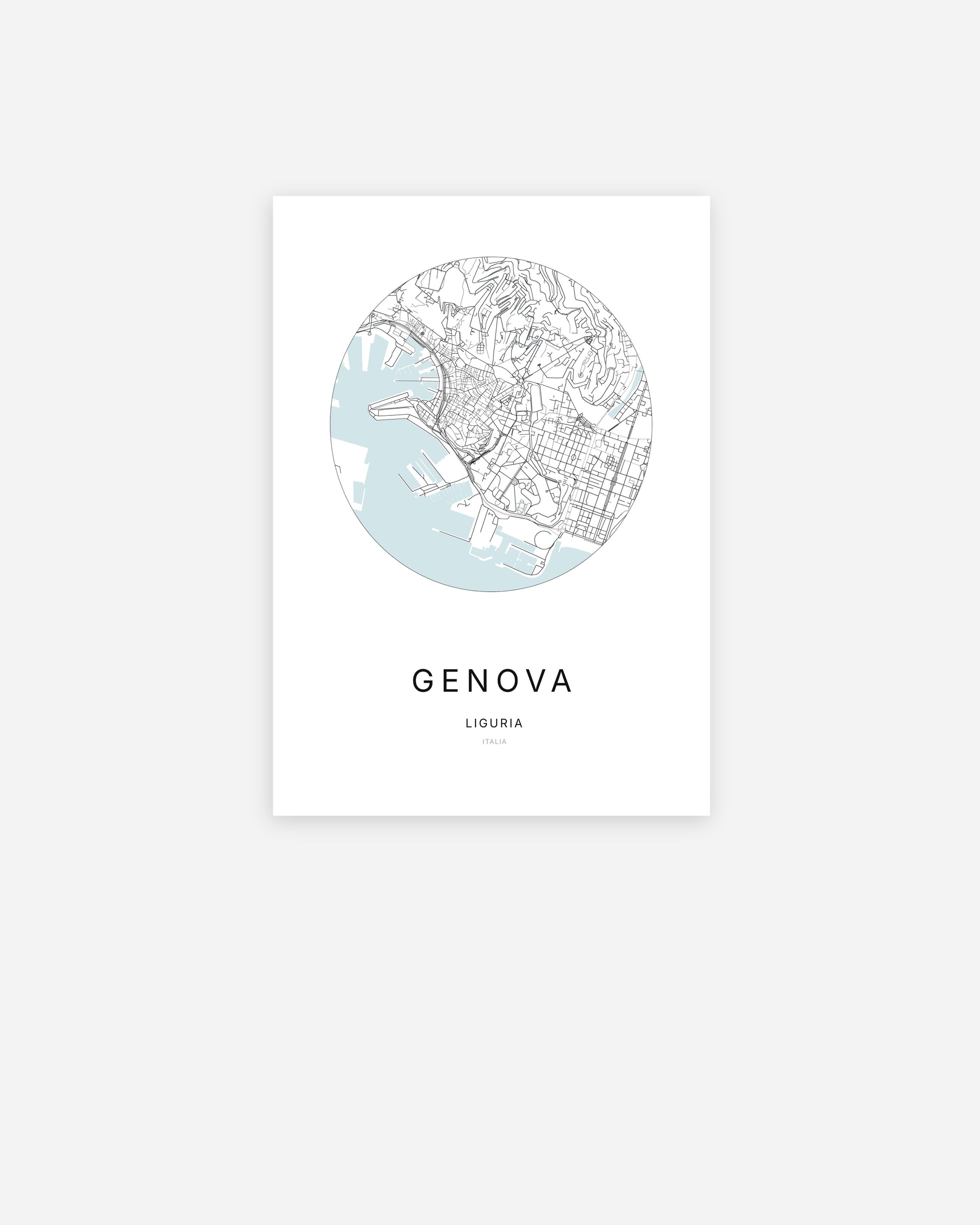 Affiche minimaliste de Genova représentant le plan de la ville en design épuré.