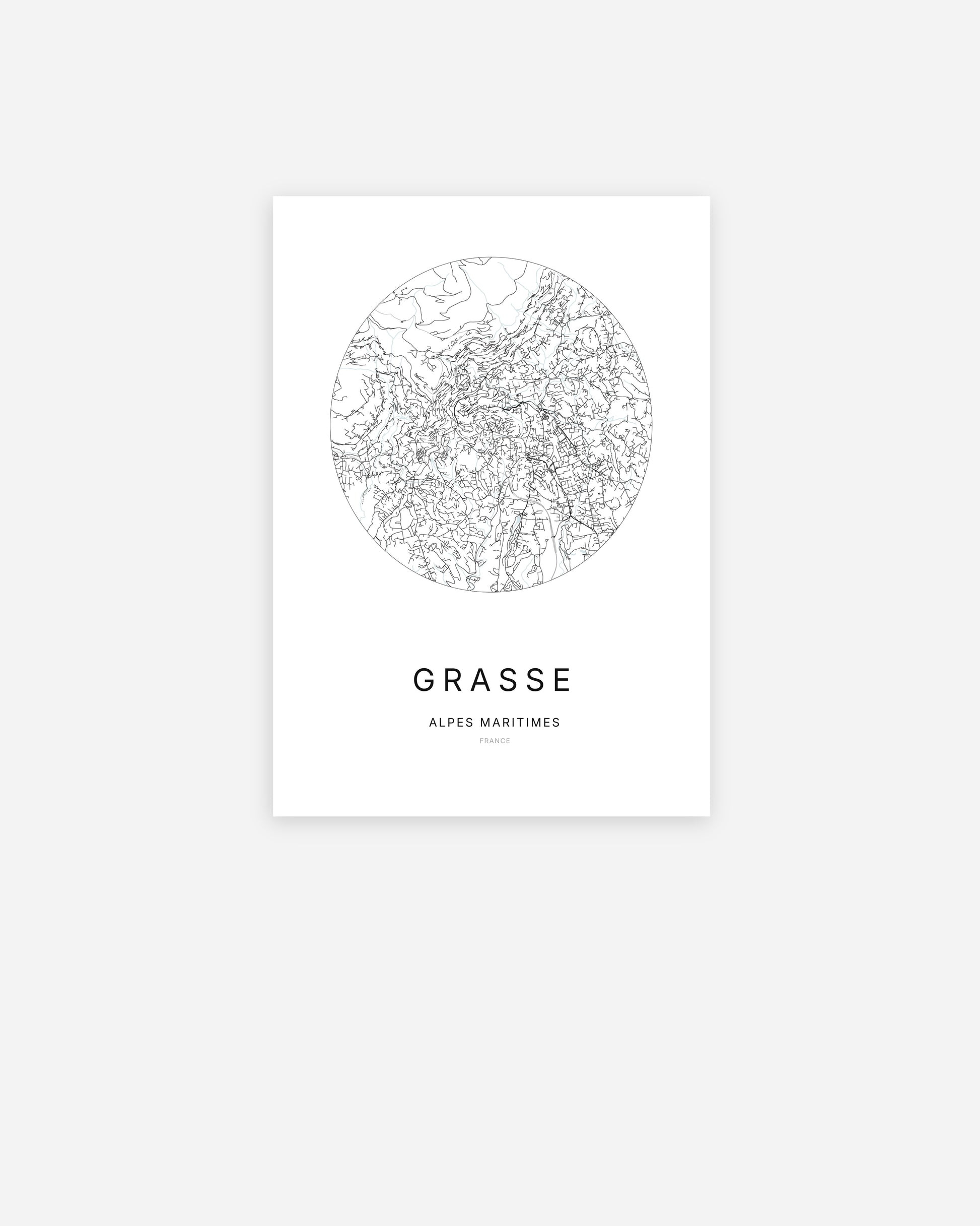 Affiche minimaliste de Grasse représentant le plan de la ville en design épuré.