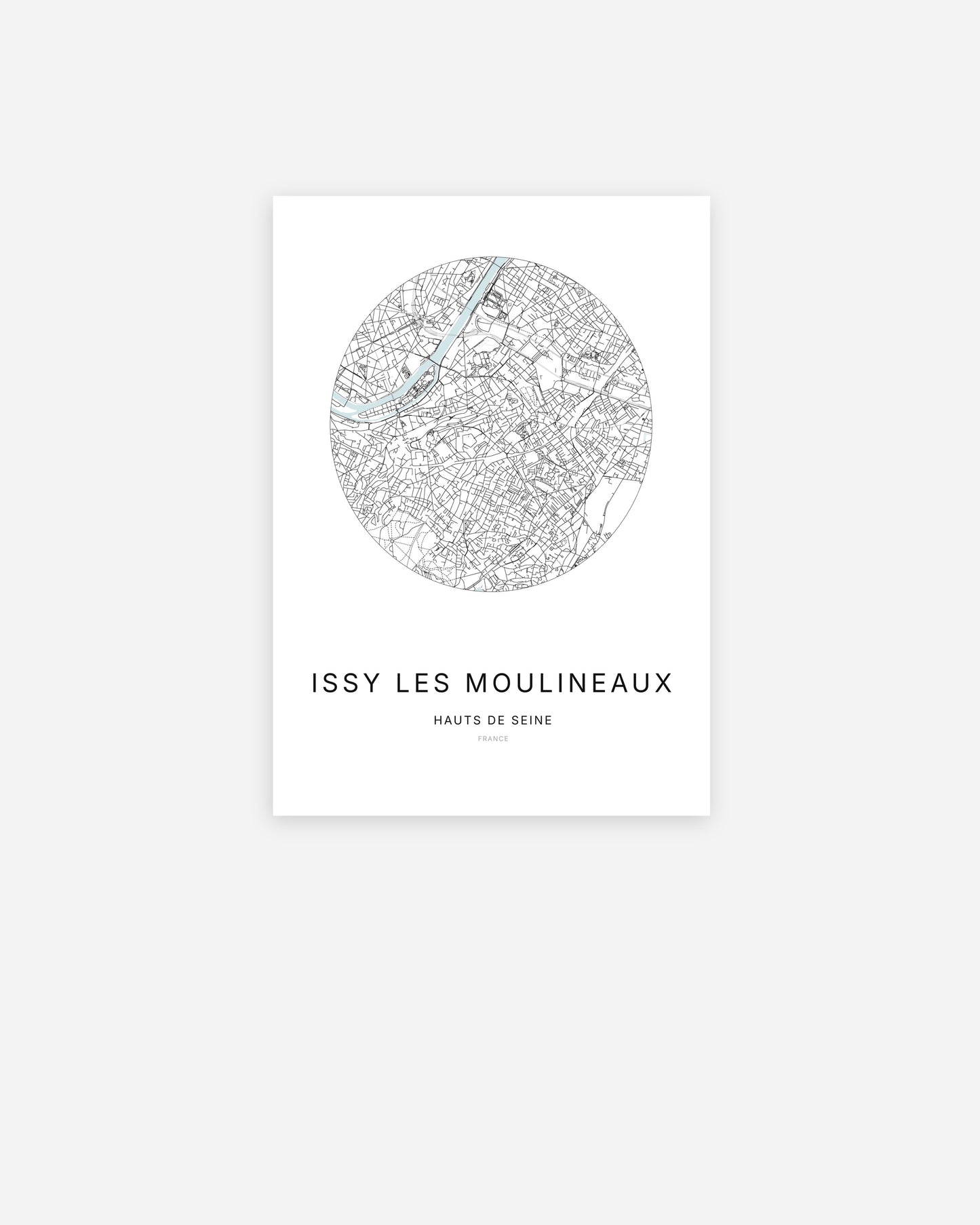 Affiche minimaliste de Issy-les-Moulineaux représentant le plan de la ville en design épuré.