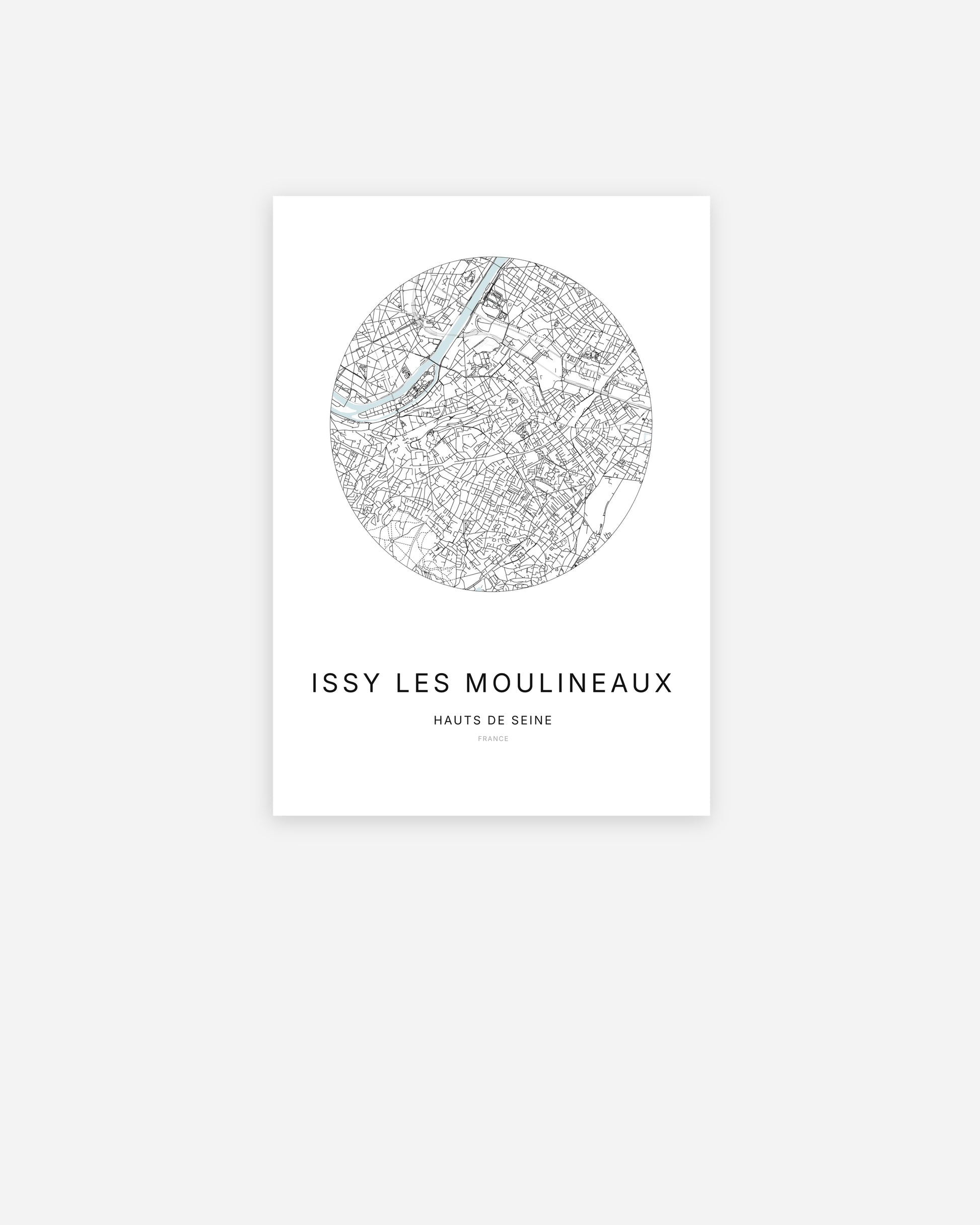 Affiche minimaliste de Issy-les-Moulineaux représentant le plan de la ville en design épuré.