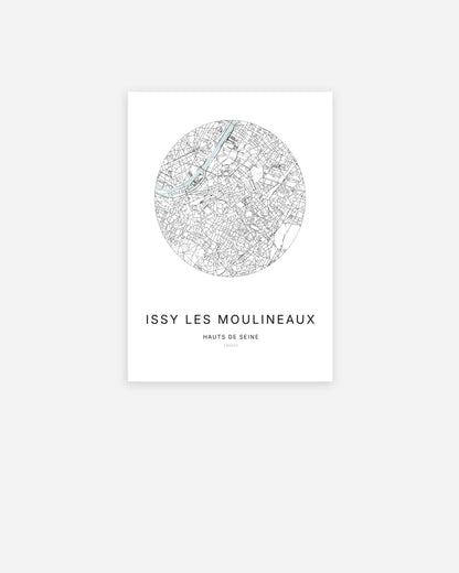 Affiche minimaliste de Issy-les-Moulineaux représentant le plan de la ville en design épuré.