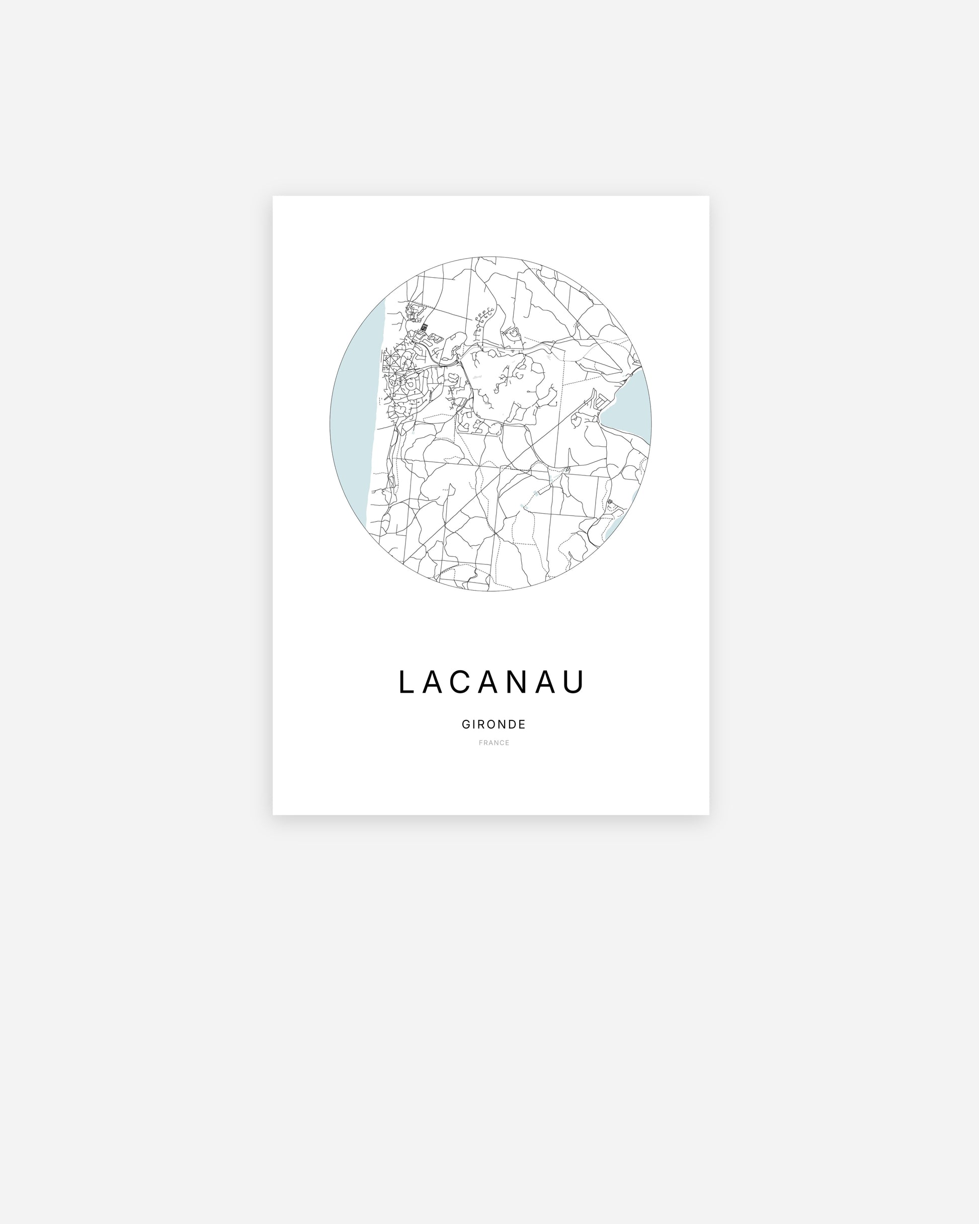 Affiche minimaliste de Lacanau représentant le plan de la ville en design épuré.