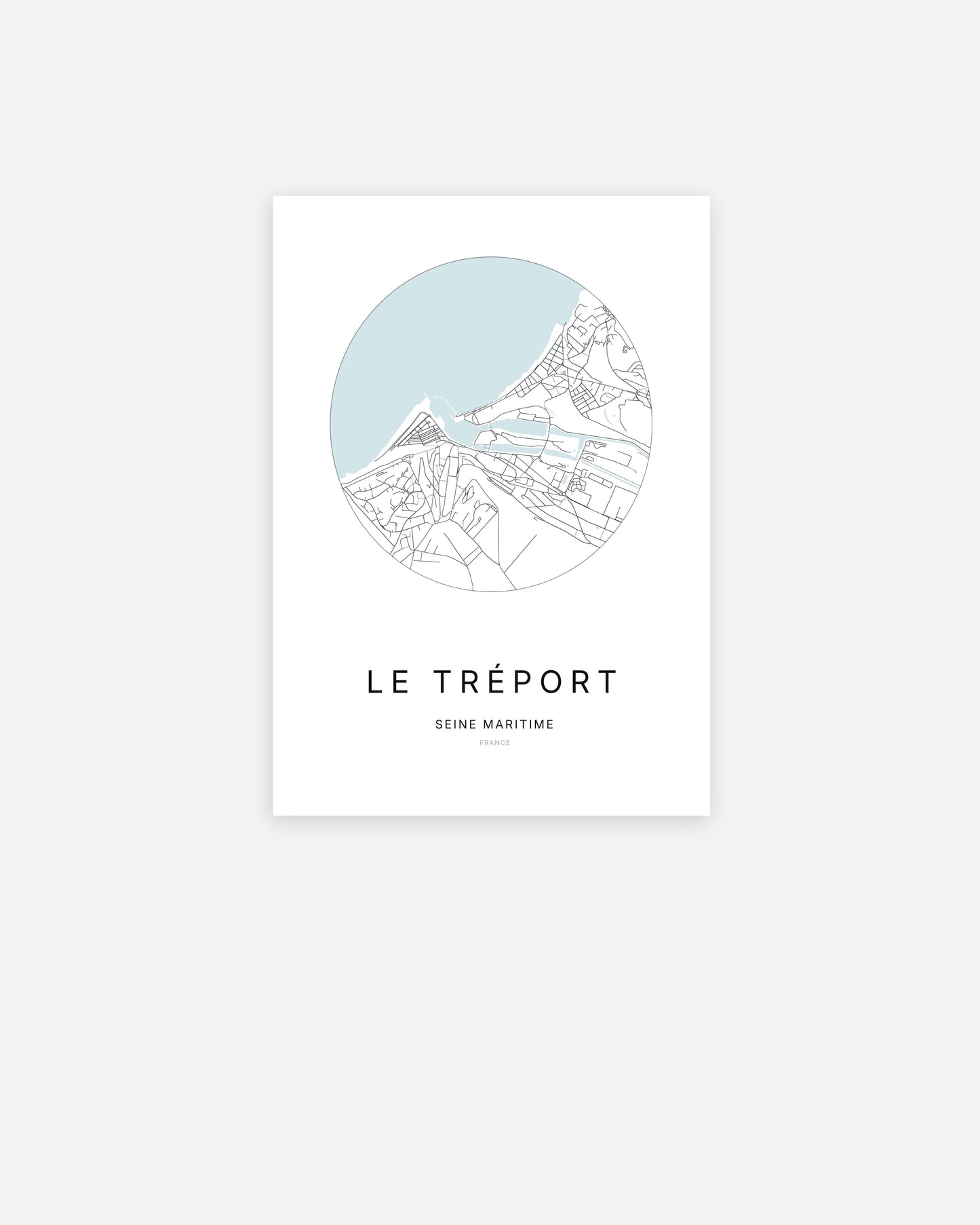 Affiche minimaliste du Tréport représentant le plan de la ville en design épuré. 