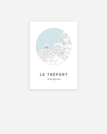 Affiche minimaliste du Tréport représentant le plan de la ville en design épuré. 
