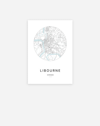 Affiche minimaliste de Libourne représentant le plan de la ville en design épuré.