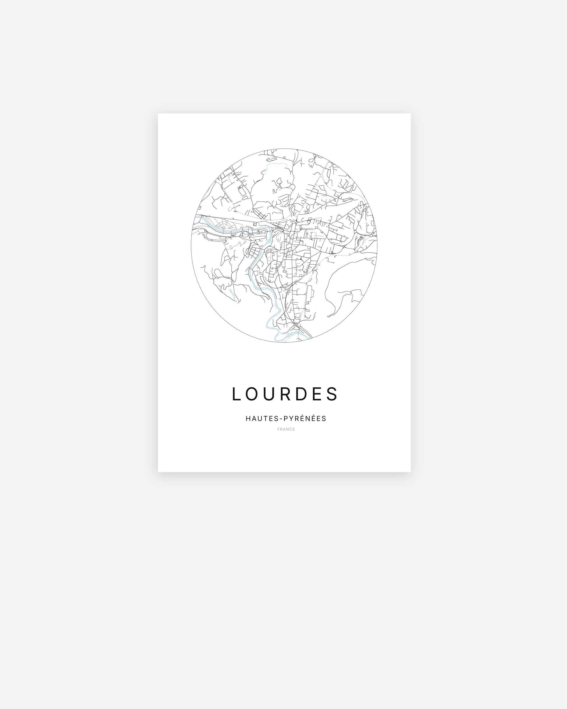 Affiche minimaliste de Lourdes représentant le plan de la ville en design épuré.