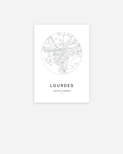 Affiche minimaliste de Lourdes représentant le plan de la ville en design épuré.
