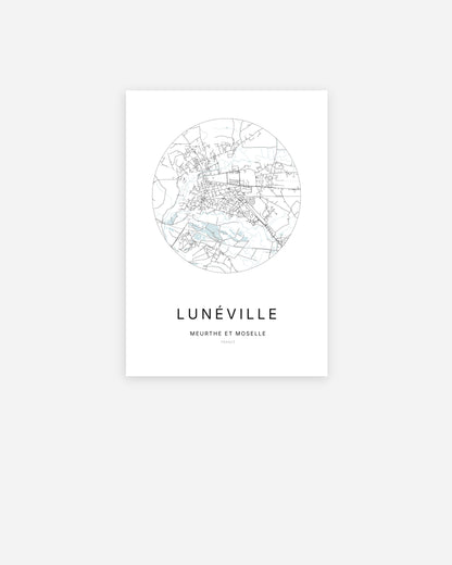 Affiche minimaliste de Lunéville représentant le plan de la ville en design épuré.