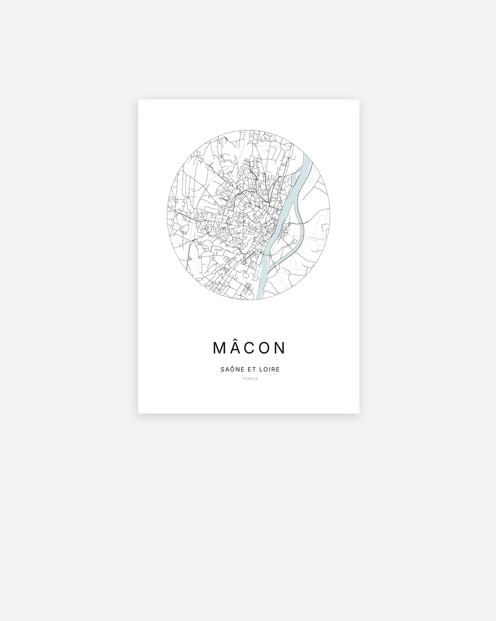 Affiche minimaliste de Mâcon représentant le plan de la ville en design épuré.