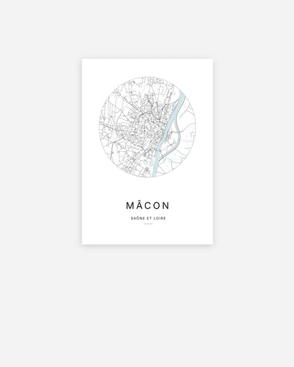 Affiche minimaliste de Mâcon représentant le plan de la ville en design épuré.