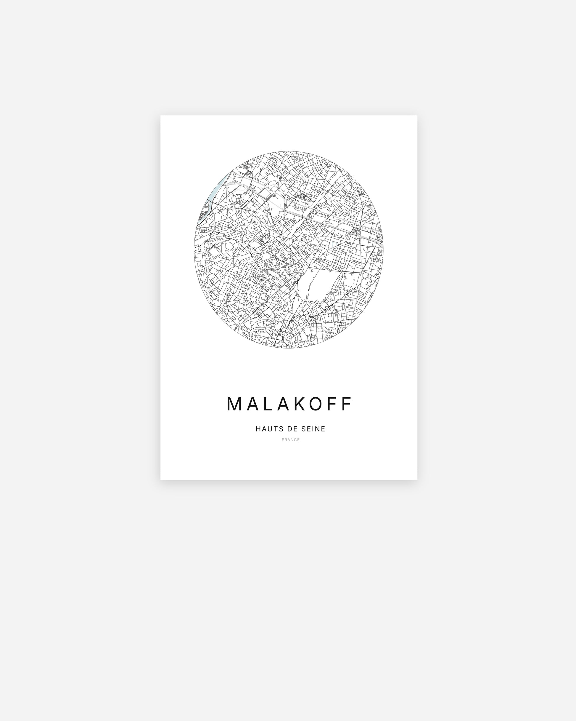 Affiche minimaliste de Malakoff représentant le plan de la ville en design épuré.