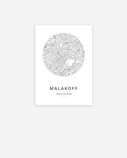 Affiche minimaliste de Malakoff représentant le plan de la ville en design épuré.