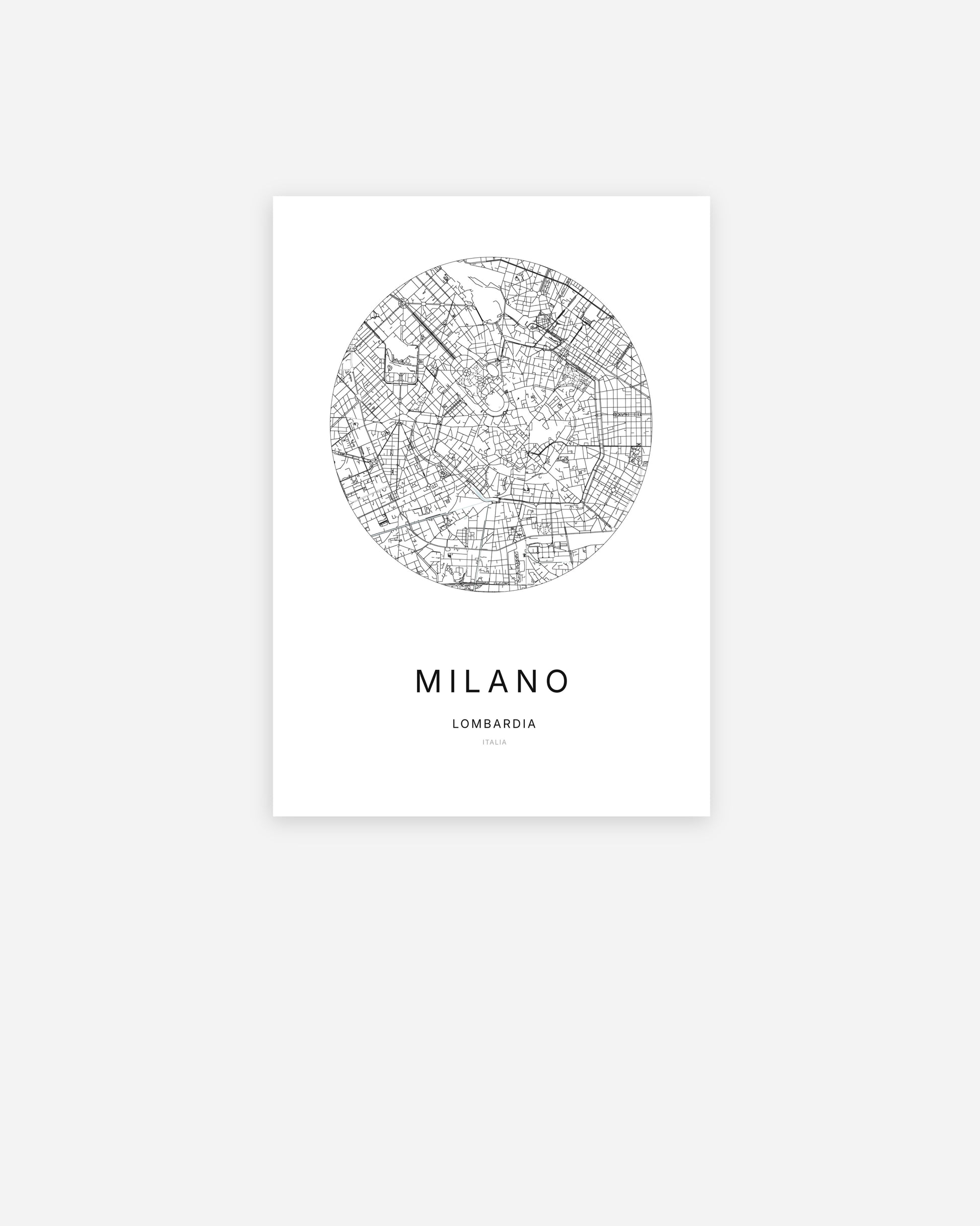 Affiche minimaliste de Milano représentant le plan de la ville en design épuré.