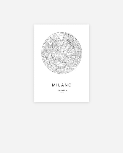 Affiche minimaliste de Milano représentant le plan de la ville en design épuré.