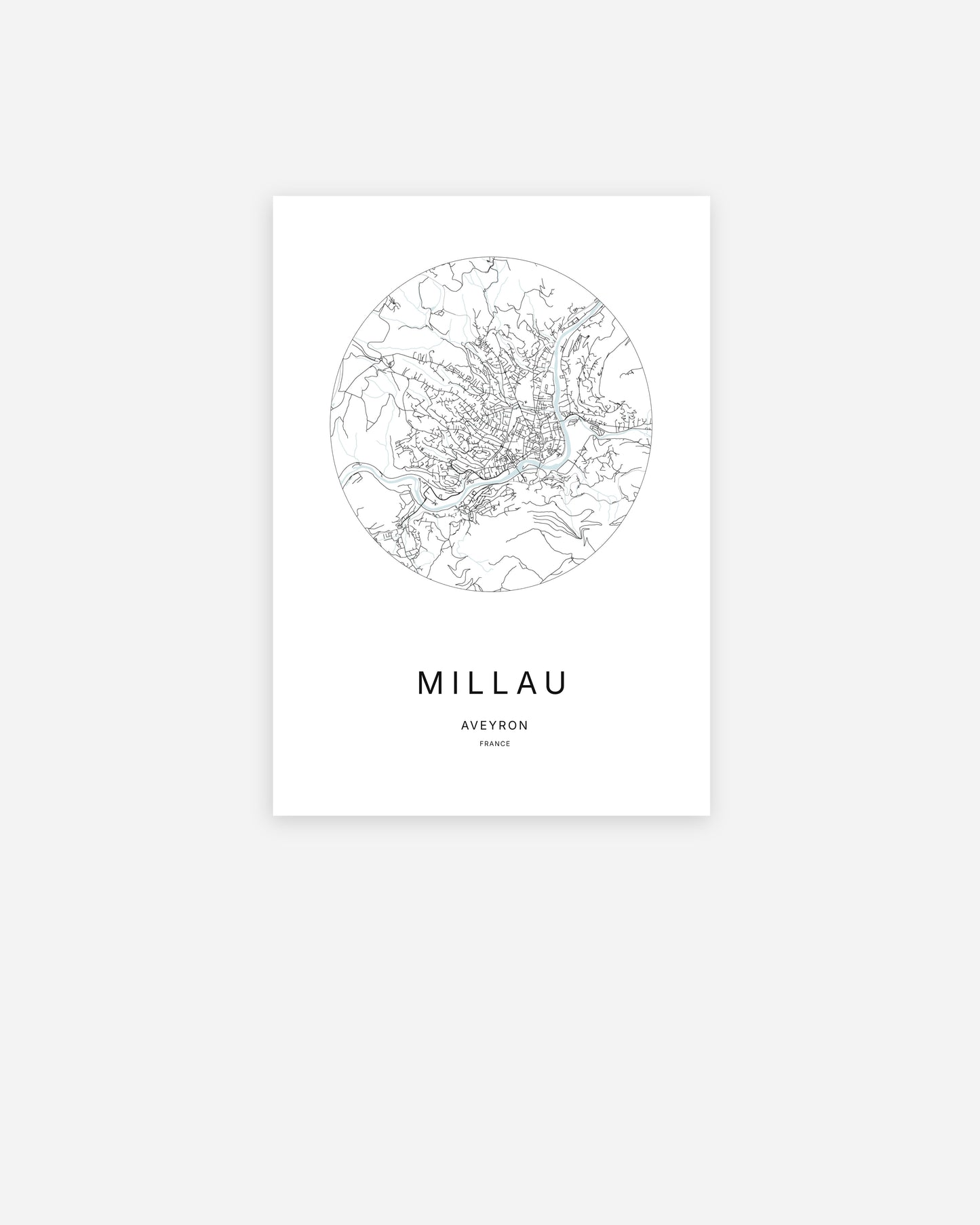 Affiche minimaliste de Millau représentant le plan de la ville en design épuré.