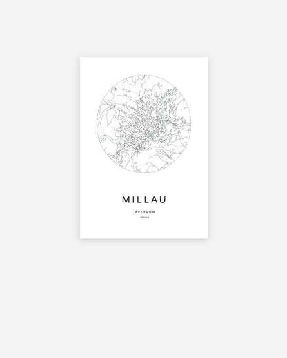 Affiche minimaliste de Millau représentant le plan de la ville en design épuré.