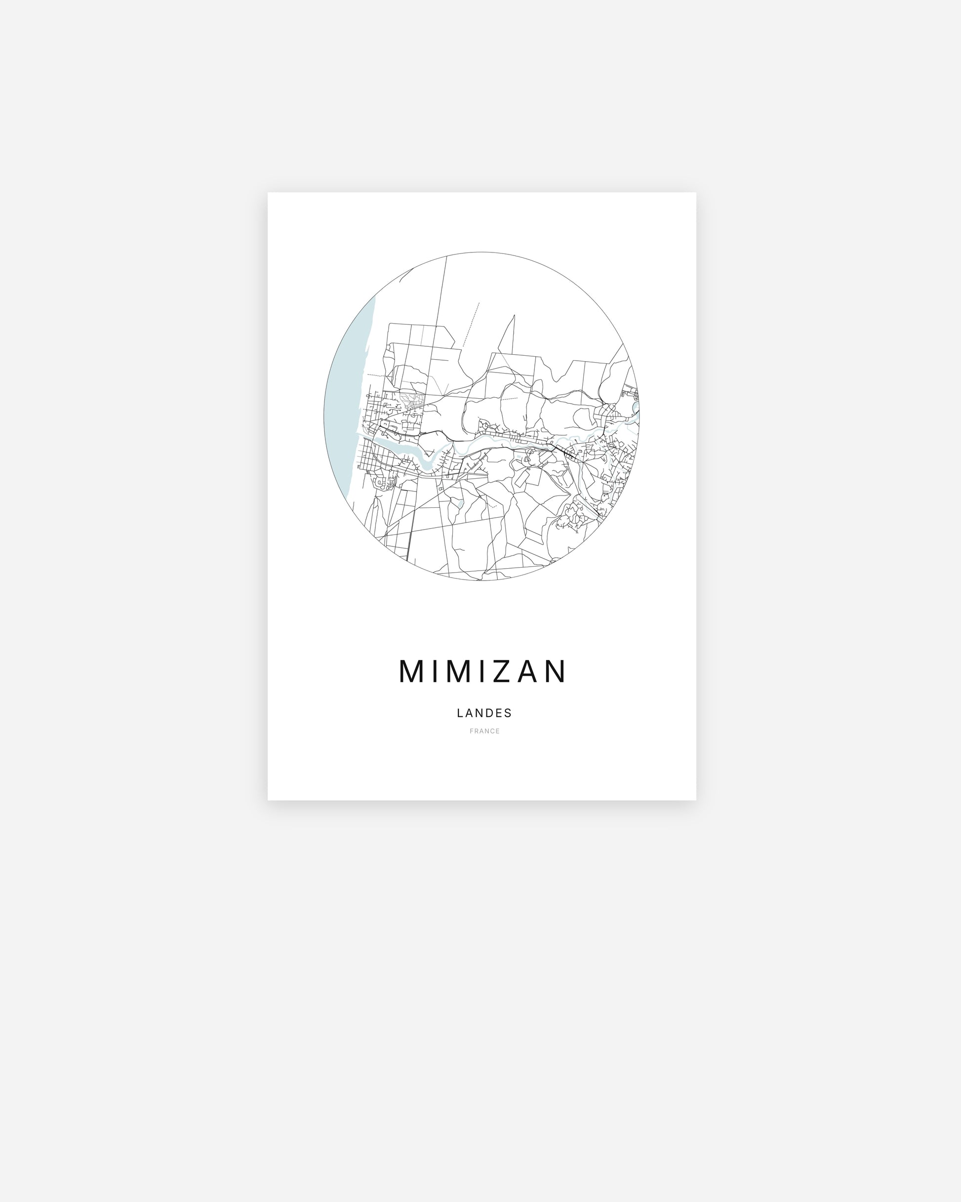 Affiche minimaliste de Mimizan représentant le plan de la ville en design épuré.