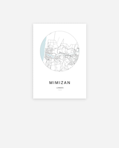 Affiche minimaliste de Mimizan représentant le plan de la ville en design épuré.