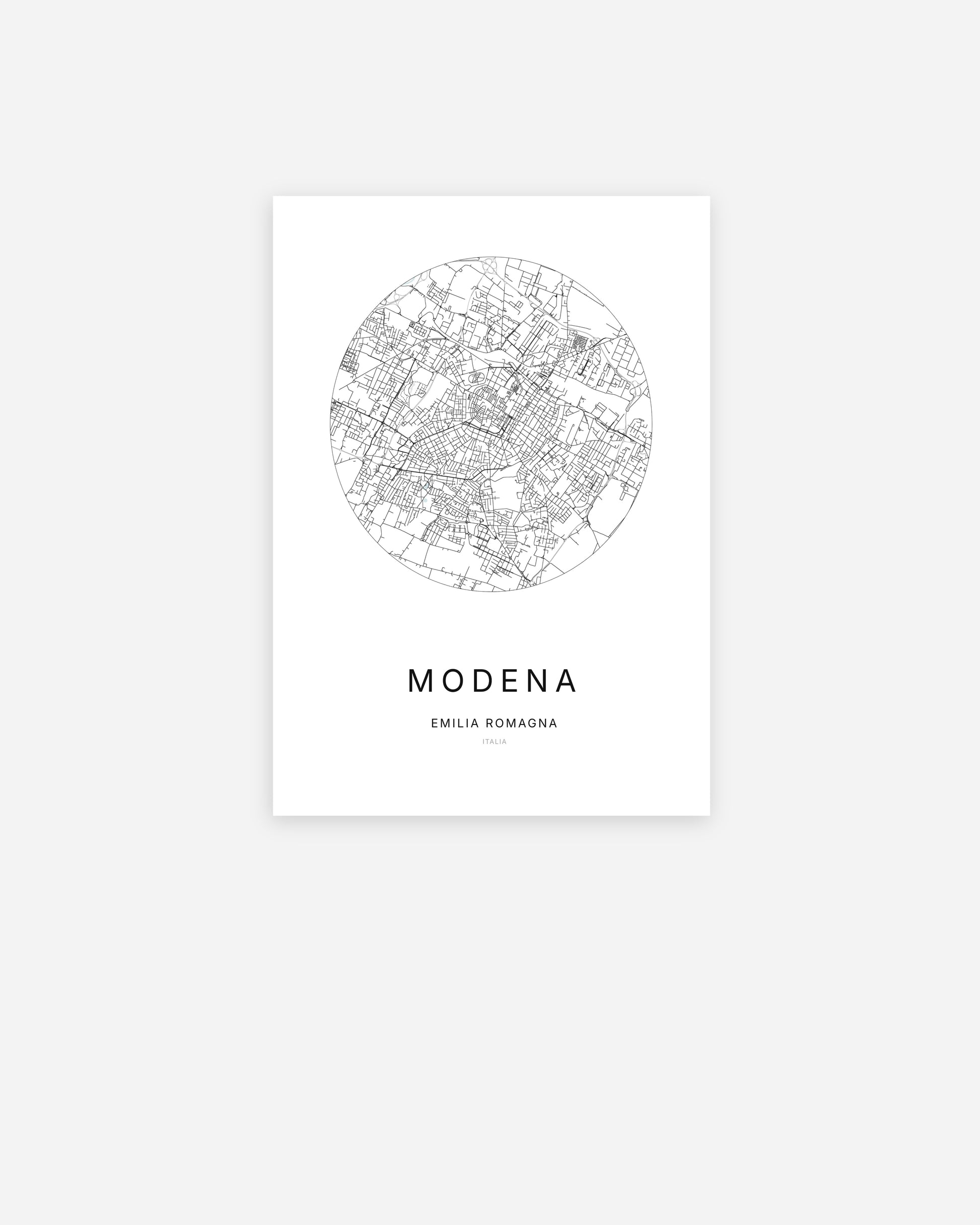 Affiche minimaliste de Modena représentant le plan de la ville en design épuré.
