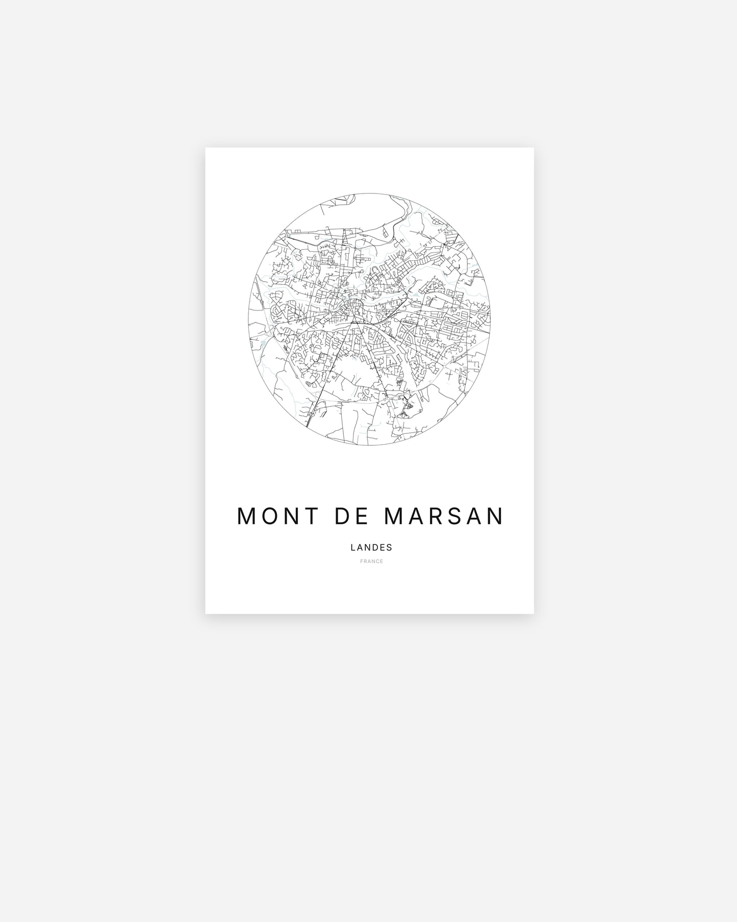 Affiche minimaliste de Mont-de-Marsan représentant le plan de la ville en design épuré.