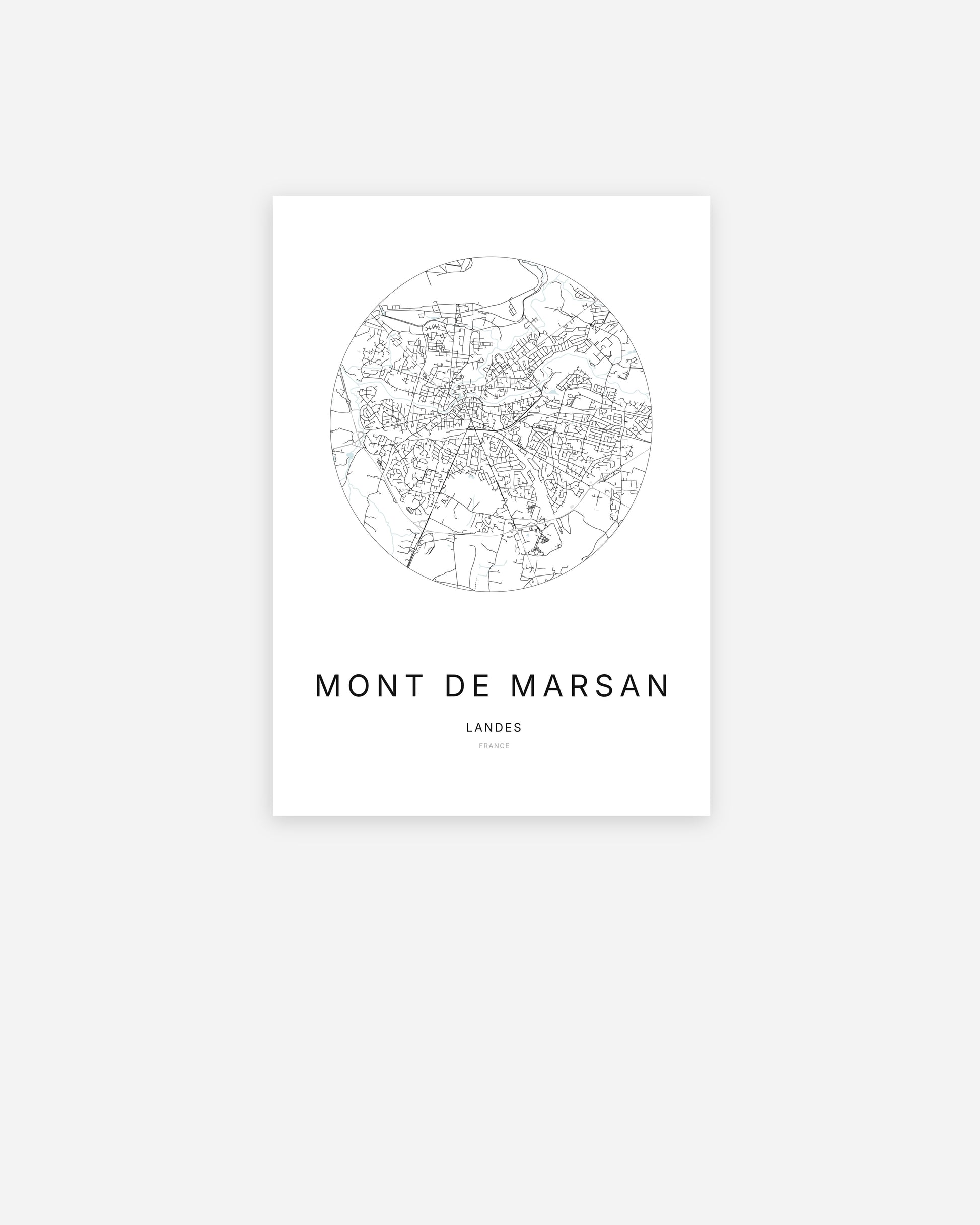 Affiche minimaliste de Mont-de-Marsan représentant le plan de la ville en design épuré.