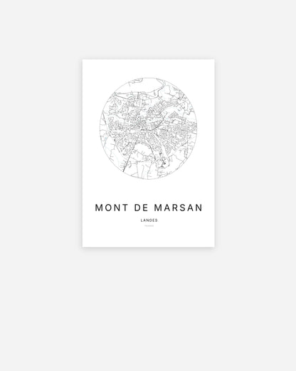 Affiche minimaliste de Mont-de-Marsan représentant le plan de la ville en design épuré.