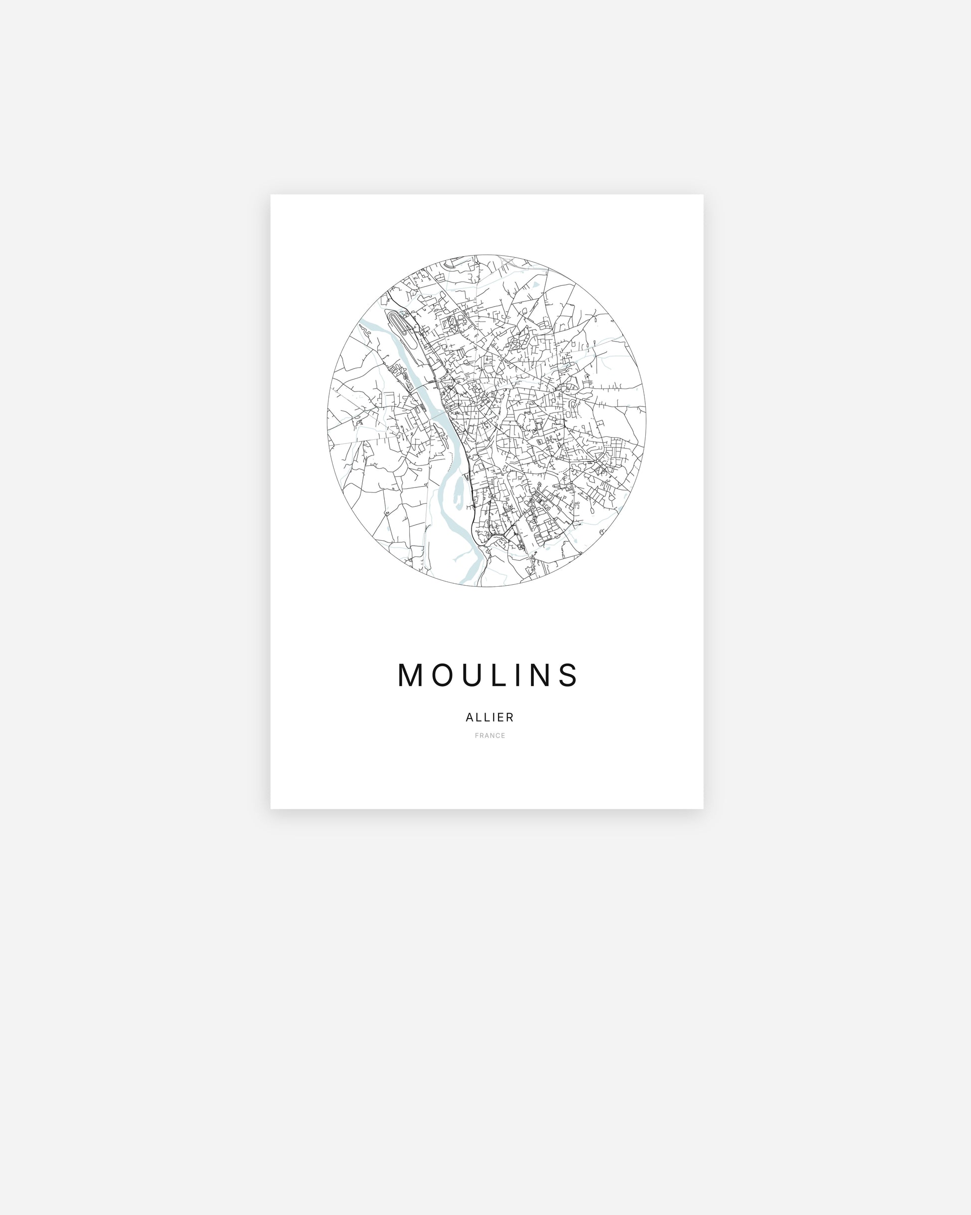 Affiche minimaliste de Moulins représentant le plan de la ville en design épuré.