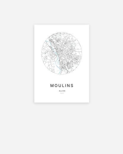 Affiche minimaliste de Moulins représentant le plan de la ville en design épuré.