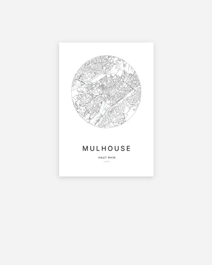 Affiche minimaliste de Mulhouse représentant le plan de la ville en design épuré.
