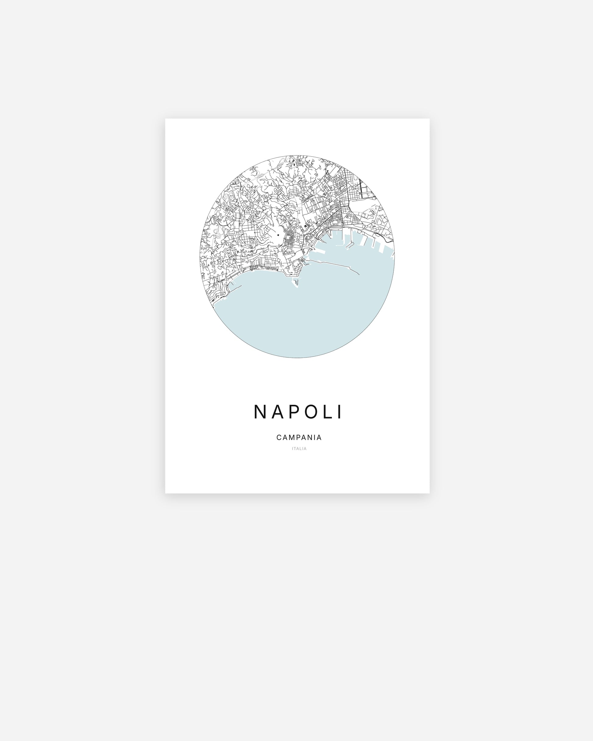 Affiche minimaliste de Napoli représentant le plan de la ville en design épuré.