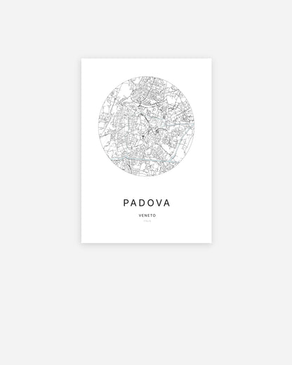 Affiche minimaliste de Padova représentant le plan de la ville en design épuré.