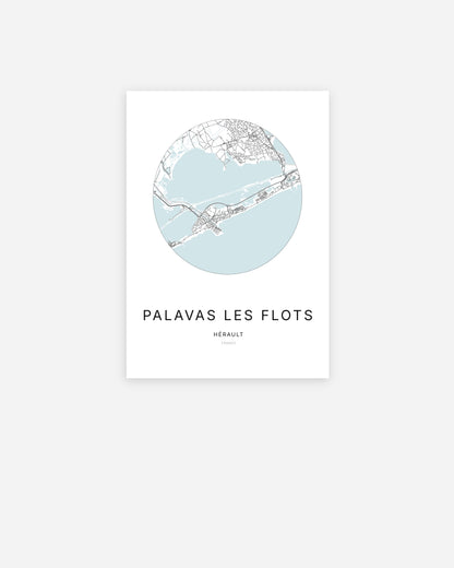 Affiche minimaliste de Palavas-les-Flots représentant le plan de la ville en design épuré.