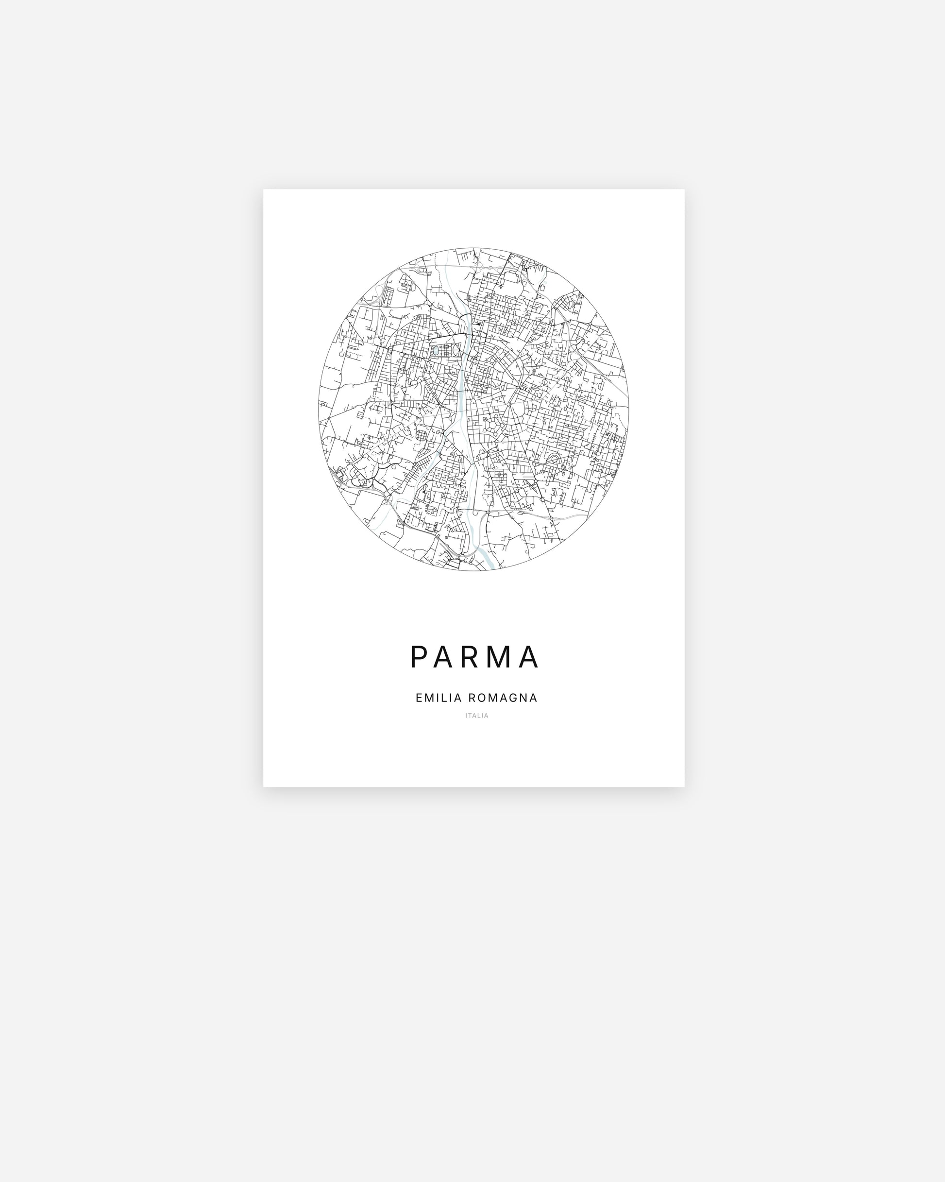 Affiche minimaliste de Parma représentant le plan de la ville en design épuré.