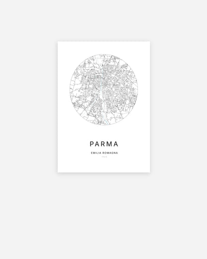 Affiche minimaliste de Parma représentant le plan de la ville en design épuré.