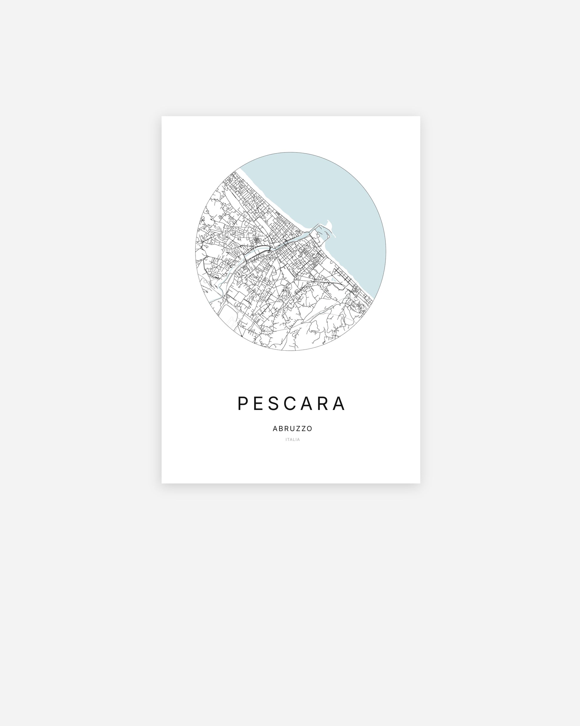 Affiche minimaliste de Pescara représentant le plan de la ville en design épuré.