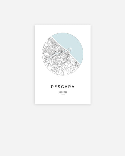 Affiche minimaliste de Pescara représentant le plan de la ville en design épuré.